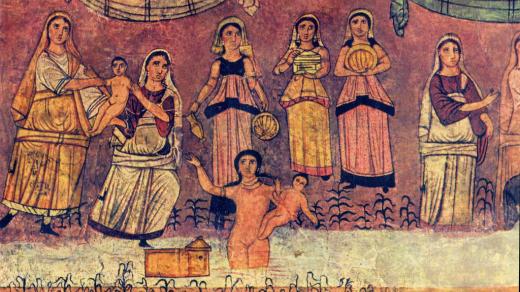 Dura Europos. Nástěnná malba v synagoze, vytažení Mojžíše z vody
