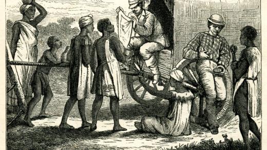 Emil Holub obchoduje s domorodci. Ilustrace z prvního vydání cestopisu Sedm let v jižní Africe (1880-81)