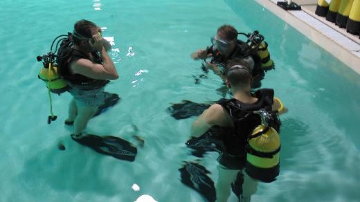 Začátečníci společně s instruktorem se připravují na ponor