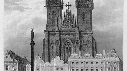 Staroměstské náměstí roku 1841, vlevo mariánský sloup, vzadu kostel Matky Boží před Týnem