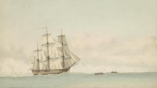 První výprava kapitána Jamese Cooka - Cookova loď Endeavour u pobřeží Nového Holandska, dnešní Austrálie. Akvarel Samuela Atkinse z roku 1794.