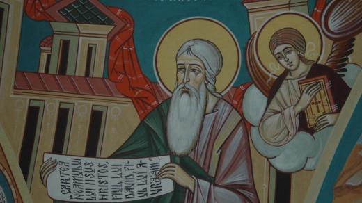 Evangelista Matouš. Freska z jeskynního kostela kláštera Peştera v Rumunsku