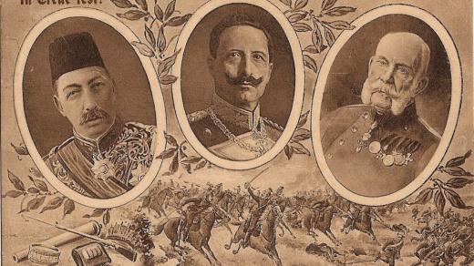 Osmanský sultán Mehmet V., německý císař Vilém II. a rakousko-uherský panovník František Josef I. Světová válka přinesla jejich říším zánik
