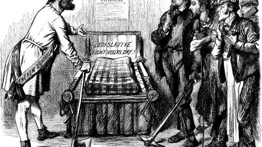 Moderní Prokrustovo lože. Kreslený vtip v britském humoristickém týdeníku Punch (1891)