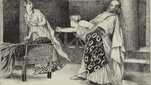 Sokrates a jeho žena (ilustrace k divadelní hře francouzského spisovatele Théodora de Banvilla, 1885)