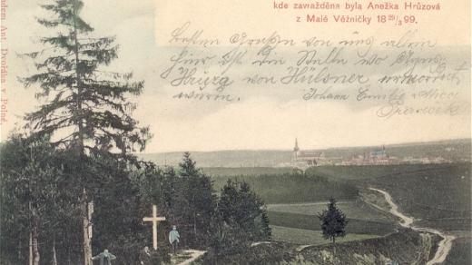 Les Březina u Polné, kde byla zavražděna Anežka Hrůzová z Malé Věžničky 29. 3. 1899 (pohlednice)
