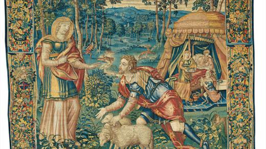 Setkání Jákoba a Rebeky a Izákovo požehnání Jákobovi. Z Příběhu Jákoba, 1560/68, tapiserie