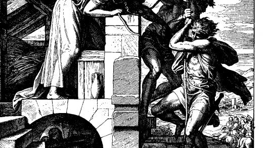 Rachab pomáhá uniknout izraelským zvědům a spouští je z okna svého domu za hradby Jericha. Autor: Julius Schnorr von Carolsfeld, dřevořez pro Die Bibel in Bildern, 1860