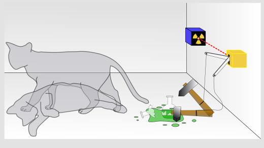 Schrödingerova kočka: po jedné hodině je 50% pravděpodobnost, že unikne jedovatý plyn a zabije kočku
