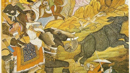 Kresba lovu nosorožců indického vládce Bábura poblíž Péšávaru (před rokem 1530)