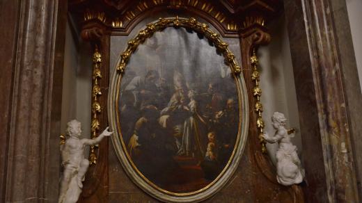 Obraz nad bočním oltářem, Petr Brandl - sv. Blažej žehnající mladé dívce