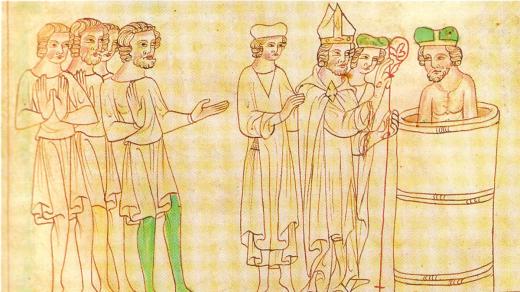 Křest knížete Bořivoje I. na vyobrazení z Velislavovy bible ze 14. století