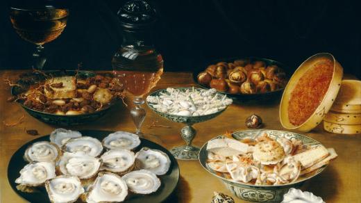 Osias Beert: Zátiší s ústřicemi, ovocem, sladkostmi a vínem z roku 1620
