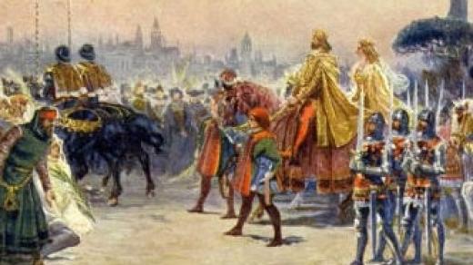 Adolf Liebscher (1857-1919): Karel IV. s Annou Svídnickou vjíždí roku 1355 do Říma ke korunovaci