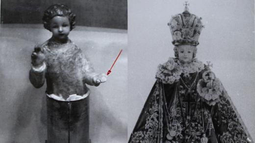Vlevo pohled na Pražské Jezulátko bez šatů (poškozené prsty levé ruky). Vpravo fotografie Pražského Jezulátka v původním stavu 
