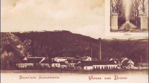 Bauerův cukrovar v Brně na ploše dnešního výstaviště. Pohlednice z roku 1903