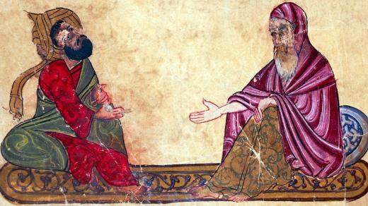Dva arabští filozofové debatují na obraze ze 13. století.