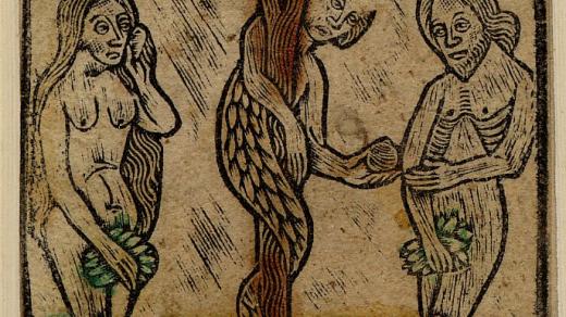 Pád člověka. Eva stojí vlevo, Adam vpravo a uprostřed je strom obtočený hadem s lidskou hlavou. Anonym, 1470-1480