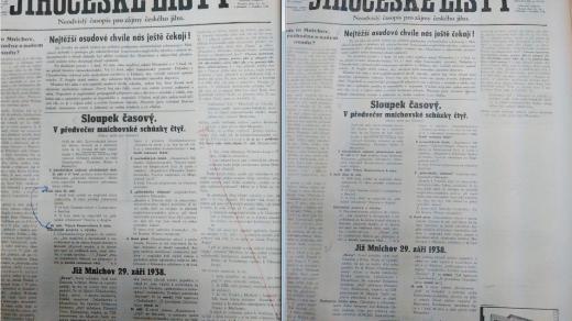 Původní a cenzurované vydání Jihočeských listů ze září 1938. Obě verze se dochovaly ve Státním okresním archivu v Českých Budějovicích