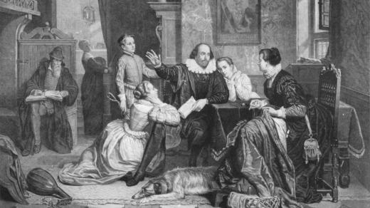 Rytina z 19. století vyobrazující Shakespearovu rodinu. Anna je vpravo jako idealizovaná manželka v domácnosti