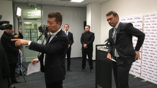 Předseda SPD Tomio Okamura a podpředseda Radim Fiala