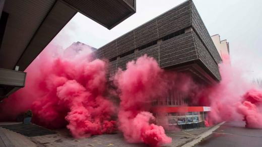 Budovu Transgasu zahalil růžový dým