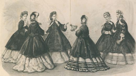 Ocelorytina z roku 1863, znázorňující šest žen ve vycházkových šatech typických pro období druhého rokoka