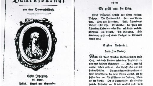 Titulní strana časopisu Damenjournal (v levé části obrázku), kde hra Luisa aneb Jak se zkouší láska vyšla 