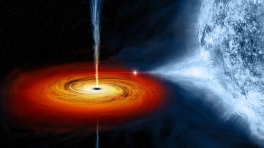 Kresba černé díry Cygnus X-1 s akrečním diskem, která odčerpává hmotu blízké hvězdě