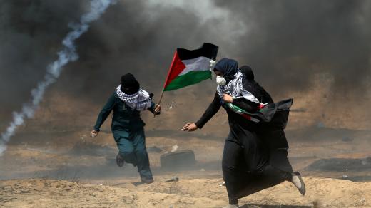 Demonstranti s vlajkou Palestiny