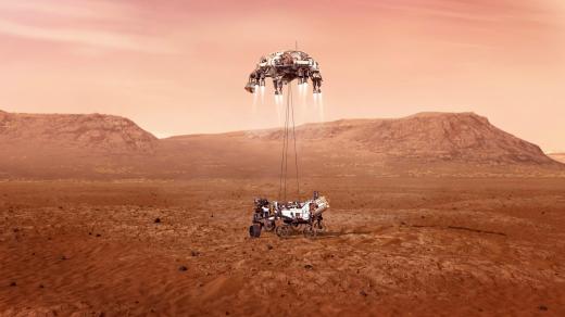 Ilustrace zachycující vozítko Perseverance přistávající na Marsu