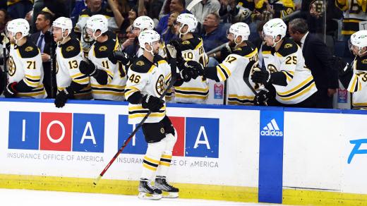 David Krejčí dostává gratulaci po gólu v zápasu Boston Bruins proti Tampa Bay Lightning