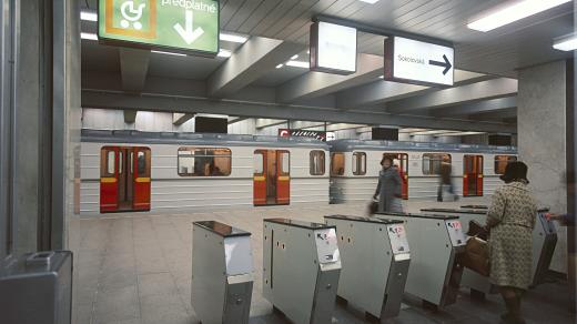Turnikety ve stanici Hlavní nádraží trasy C pražského metra, 9. ledna 1975.
