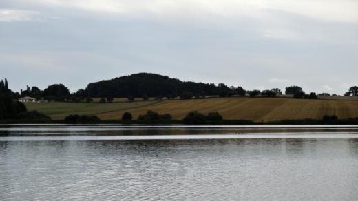 Za rybníkem Amerika je vidět Komorní Hůrka, nejmladší sopka u nás
