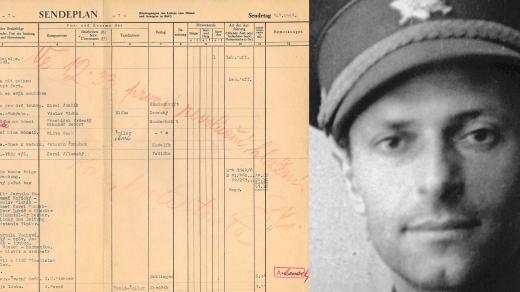 Koláž fotky Zdeňka Mančala z doby povstání a jeho vysílací plachty z 5. května 1945, na kterou si Mančal poznamenal „Ve 12:33 první revoluční hlášení. Konec protektorátu.“