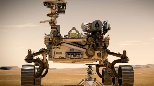 Umělecká představa roveru Perseverance a vrtulníčku Ingenuity na povrchu Marsu
