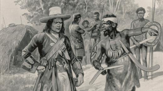Aboringinci vysvětlují Williamu Dampierovi, jak funguje bumerang