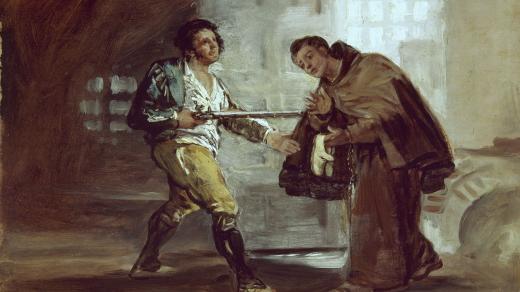 Muž mířící puškou na kněze (kolem roku 1800)