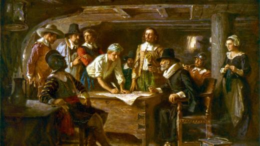 Cestující na lodi Mayflower podepisují cestou do Ameriky tzv. Mayflowerská kompaktáta