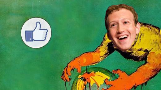 Mark Zuckerberg se zmocňuje planety Země (variace na náborový plakát Normana Lindsayho z I. světové války)