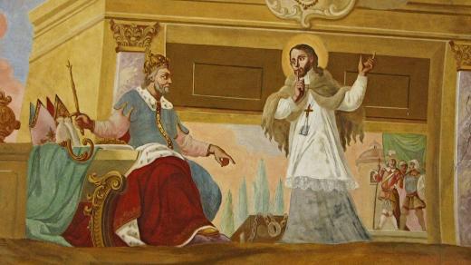 Jan Nepomucký před králem Václavem IV. Stropní freska v kostele Maria Stern