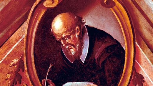 Český kronikář a děkan pražské kapituly Kosmas (cca 1045-1125) – obraz na stěně v Mladotově domě na Pražském hradě od J.Vodňanského