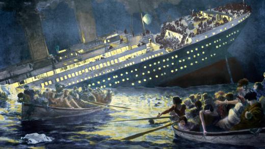Ilustrace zachycuje, jak to mohlo vypadat při potopení Titanicu