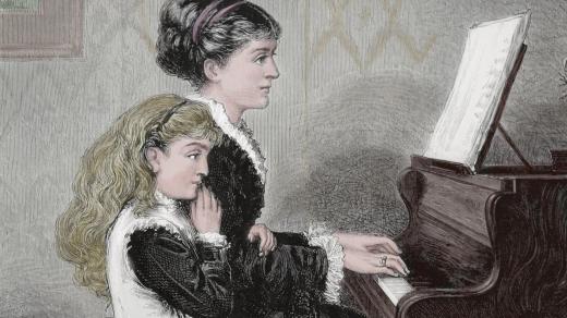 Lekce klavírní hudby. Matka a dítě hrají na klavír. Rytina. 19. století