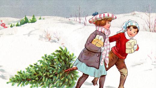Přesun vánočního stromečku na staré pohlednici