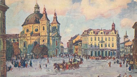 Masarykovo náměstí v Kroměříži, přezdívané Hanácké Athény, na pohlednici z roku 1927