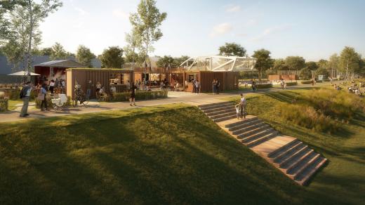 Vizualizace plánovaného sportovně relaxačního areálu na břehu řeky u sídliště Vltava v Českých Budějovicích