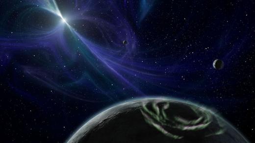 Umělcova představa planetarního systému pulsaru PSR 1257+12
