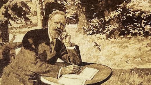 Klostermann píšící příznačně v lese, Humoristické listy, 1908