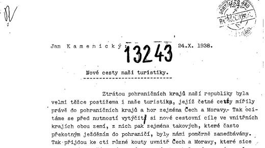 Textový podklad rozhlasové přednášky Jana Kamenického o české turistice (24. 10. 1938)